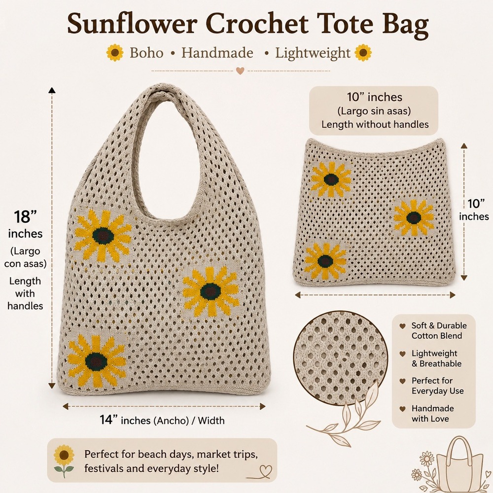 Sunflower Crochet Knit Tote Bag Boho Cottagecore Beach Market Shoulder Bag